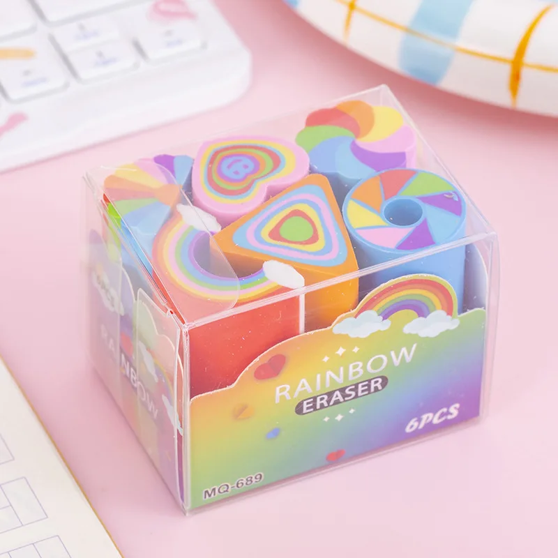 6Pcs/Lot Cute Cartoon Cutting Eraser Kawaii Rainbow Love Heart Soft Rubber Kids Pencil Eraser Office School Stationery
