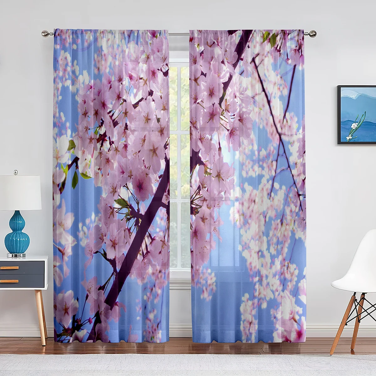 

Spring Cherry Blossom Floral Pattern Tulle Curtain Window for Living Room Bedroom Kitchen Chiffon Sheer Voile Curtain Treatment