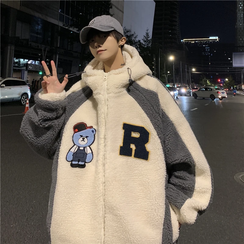 Men New Warm Jacket Korean Style Trendy Loose Color Matching Lamb Wool Bear Embroidery Thickened Fashion Casual All-match Coat