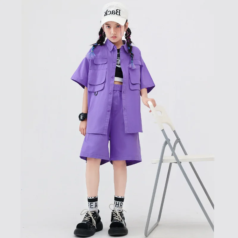 

Boys Girls Short Sleeve Cargo Shirt Shorts Kids Hip Hop Loose Casual Shirts Shorts Tracksuits Costume Children Dance Clothes
