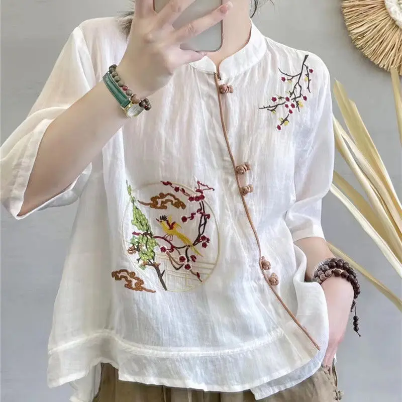 Chinese Traditional Shirts Chic Embroidery Slanted Placket Button Up Blouse Casual Short Sleeve Tops Hanfu Tang Suit Summer