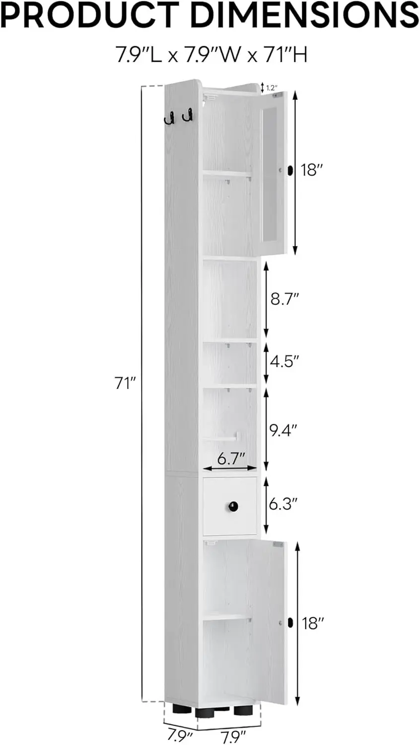 71" Tall Bathroom Storage Cabinet, Narrow Storage Cabinet with Adjustable Shelves, Retractable Toilet Paper Rod and 2 Hooks