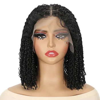 Parrucca Sintetica 13x5 Lace Frontal per Donna, Bob Corto con Baby Hair, Trasparente, Nera, Senza Colla, Piccola Onda Profonda