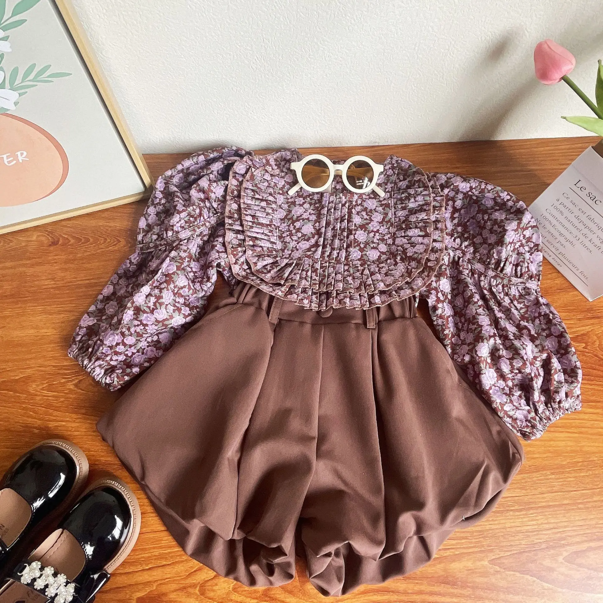 

Spring New Girls Floral Puffy Sleeve Princess Sets Summer Little Girl Long Sleeve Casual Korean Style Party Set Kids Clothes