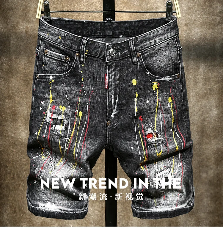 2023 Quality Brand Style Paint Swing Personality Unruly High Street American Fashion Men's Pants Casual Hole Men's Shorts