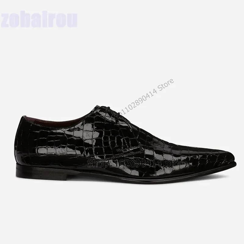 

Black Crocodile Print Pointed Toe Strappy Men Shoes Fashion Lace Up Male Shoes Luxurious Handmade Party Banquet Men Dress Shoes