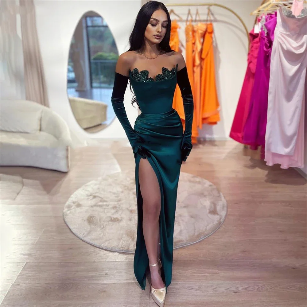 

Dark green Mermaid Evening gown Off shoulder side slit bead length ball gown Long sleeve celebrity party dress فساتين السهرة