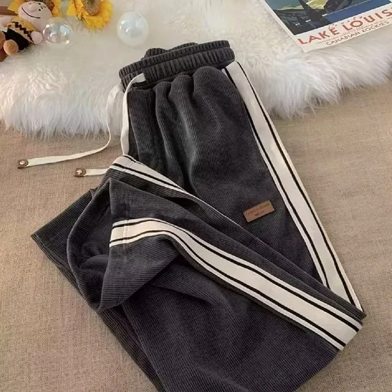 Corduroy Men Spring Youth Loose Straight Cylinder Elastic Waist Side Stripes Wide Leg Pants Trend Affordable Casual Trousers