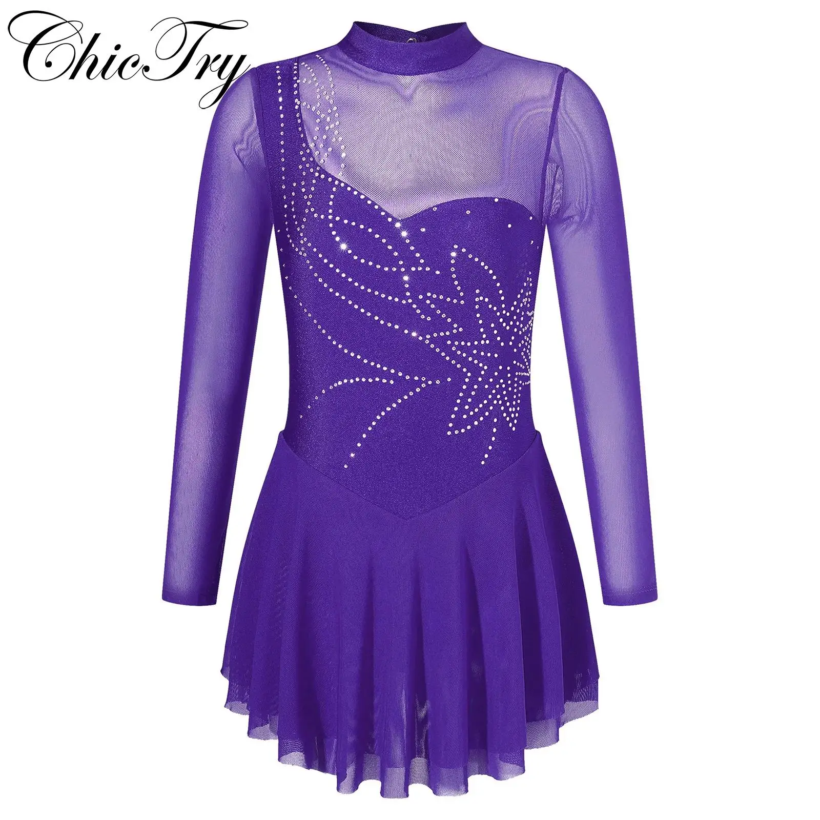

Kids Girls Rhinestone Long Sleeve Figure Ice Skating Dress Sheer Mesh Keyhole Back Ballet Dance Leotard Dress Stage Costumes