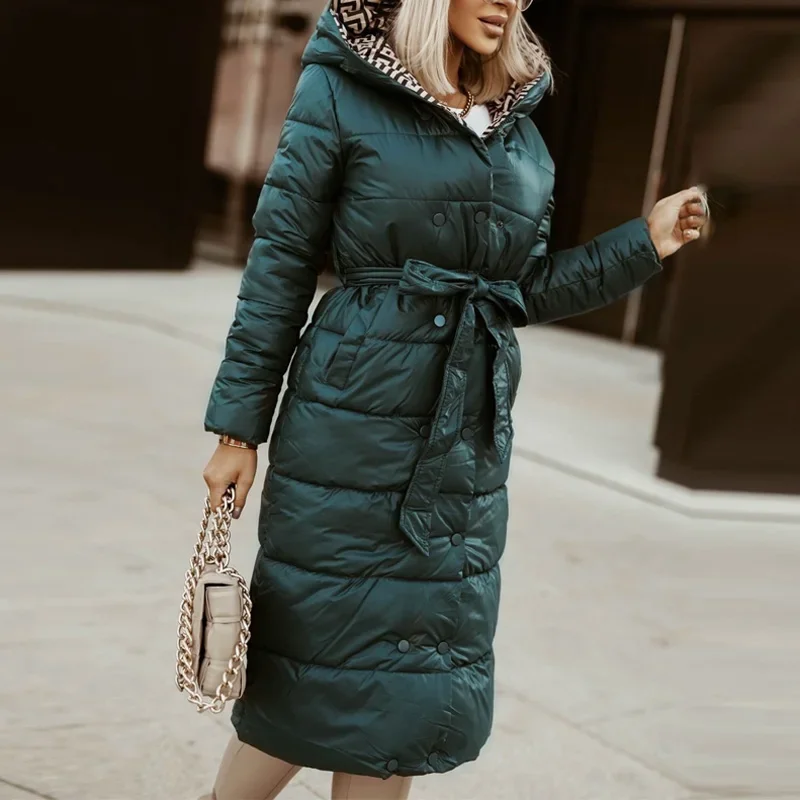 Women Elegant Print Hooded Down Coat Fall Fashion Button Lace-up Long Jacket Winter Casual Long Sleeve Pocket Straight Outerwear