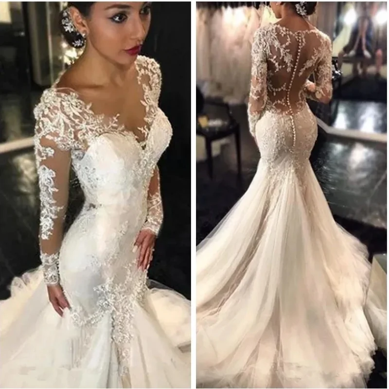 

2024 Дубай африканские арабские прозрачные кружевные белые свадебные платья русалки с длинным рукавом аппликация свадебные платья