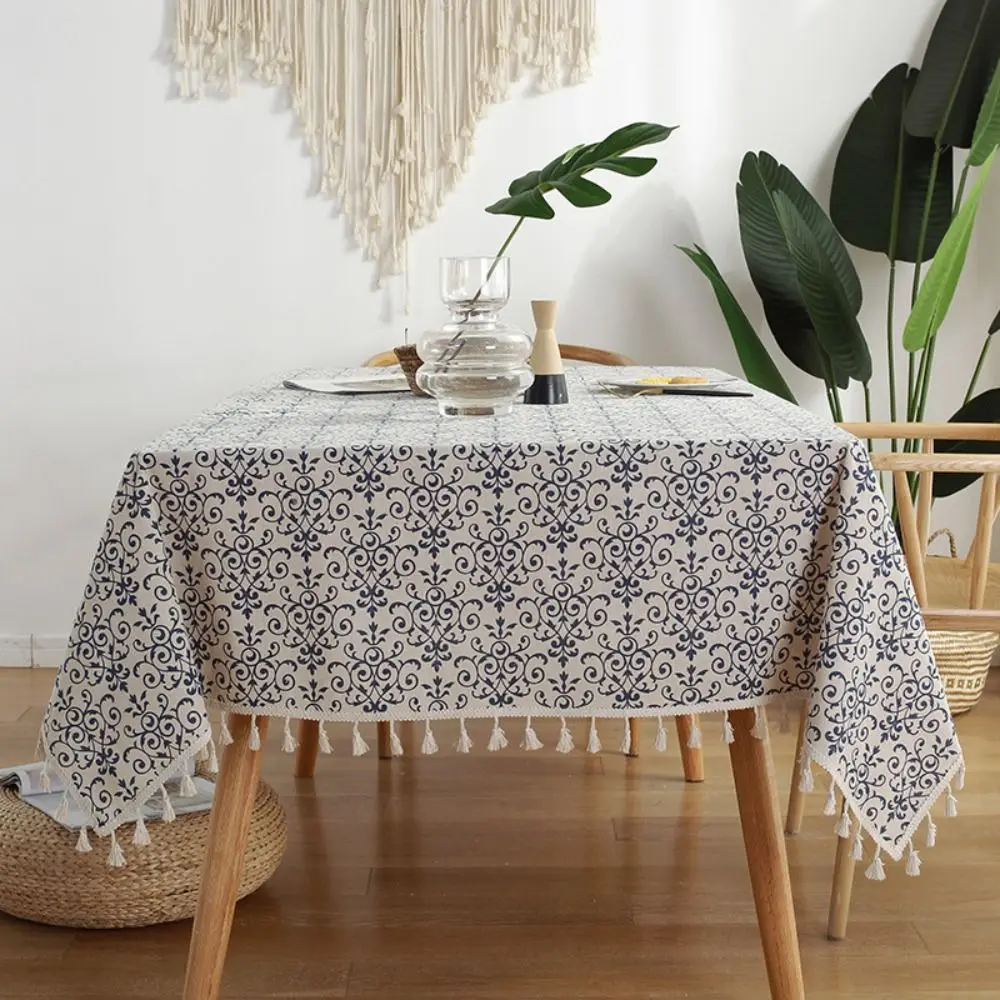 

With Tassels Blue and White Porcelain Tablecloth Classic Rectangular Linen Cotton Tablecloth Washable Thicker Table Cover