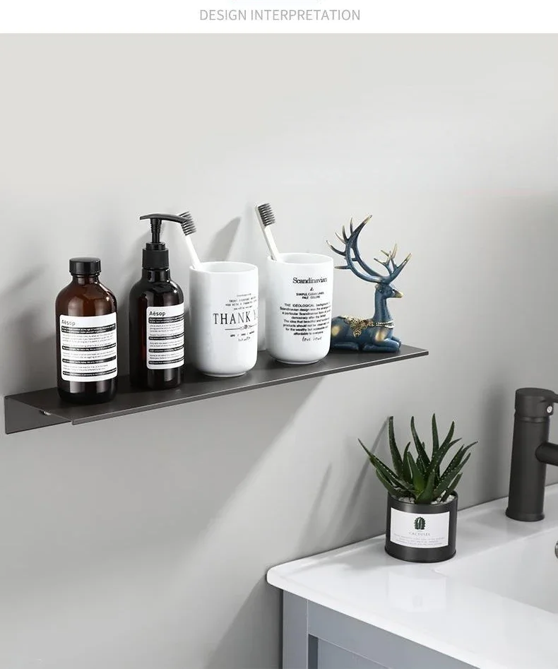 Description Picture 4 of itemFloating Shelves Gray Bathroom Mirrored Front Rectangular Rack Wall Shelf Furniture Holder Bracket Storage Cosmetic No Drilling