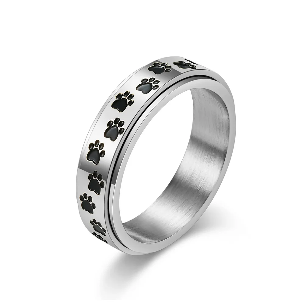 6mm Stainless Steel Black Enamel Paw Print Spinner Ring for Women - PeticaDeals