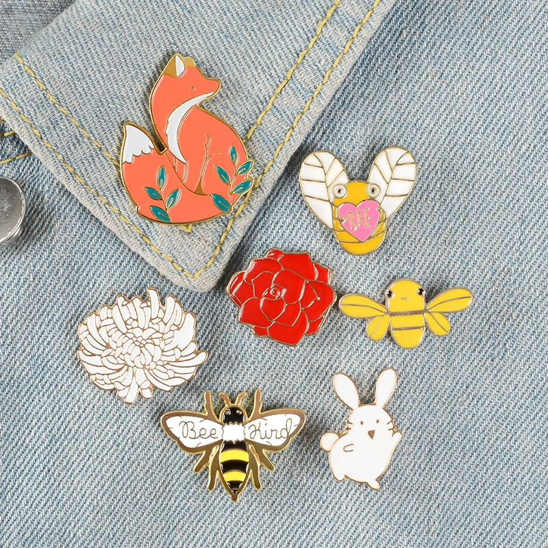 

Enamel Pins Cartoon Animals Brooches Fox Bee Rabbit Flowers Lapel Pin Custom Badges Gift for Kids Girl Forest Elf Collection