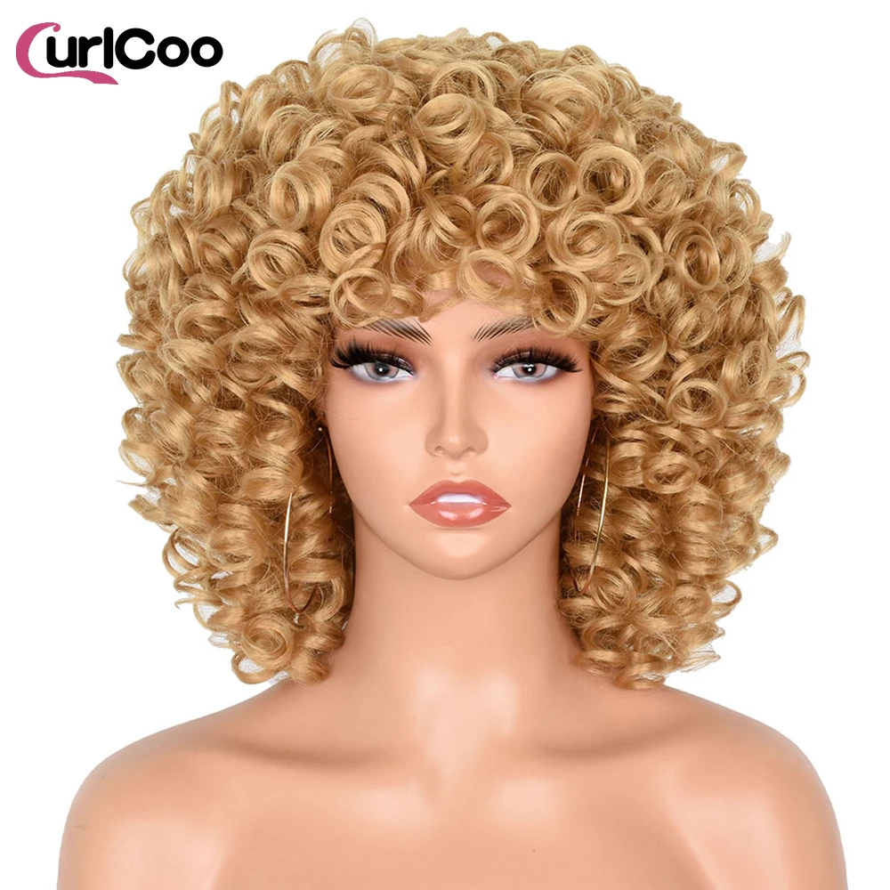 

Short Hair Afro kinky Curly Wigs With Bangs For Black Women Cosplay Fluffy Synthetic Wigs Ombre Glueless Mixed Brown Blonde Wig