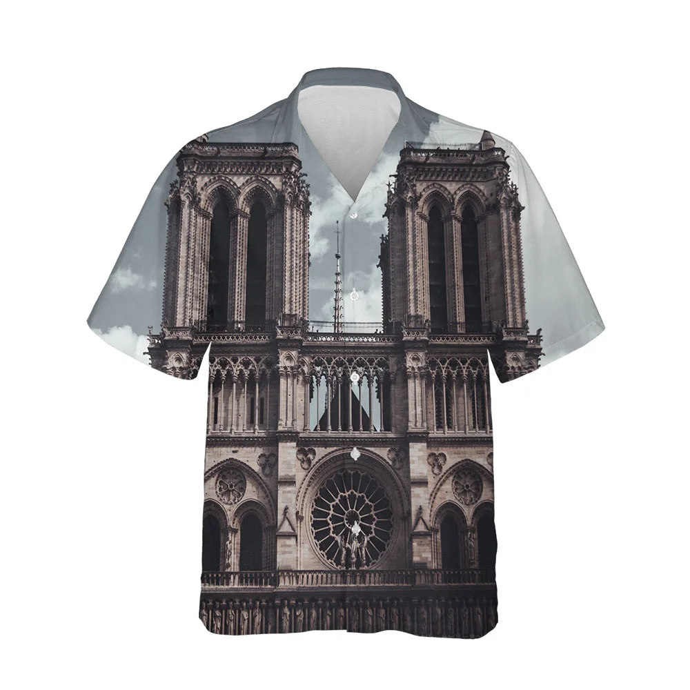 Jumeast Summer 3D Men's Short Sleeve Shirt Single Breasted Streetwear Hawaiian Beach Shirts Mystery Gothic Architecture Clothing