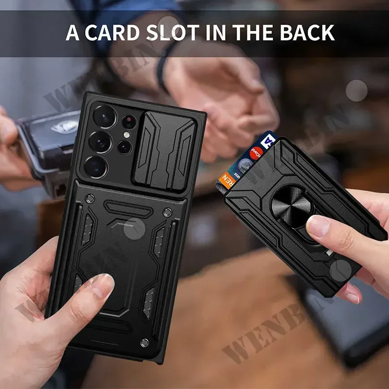 Premium Military Grade Slide Stand Ring Case with Camera Protection & Card Slot