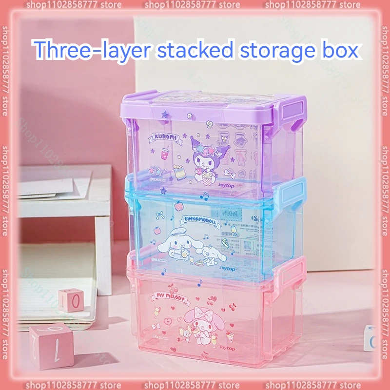 

1 Set 3 Pcs Kawaii Sanrio Anime Hobby Melody Kuromi Cinnamoroll Home Three Layer Stacked Storage Box Student Desktop Organizer