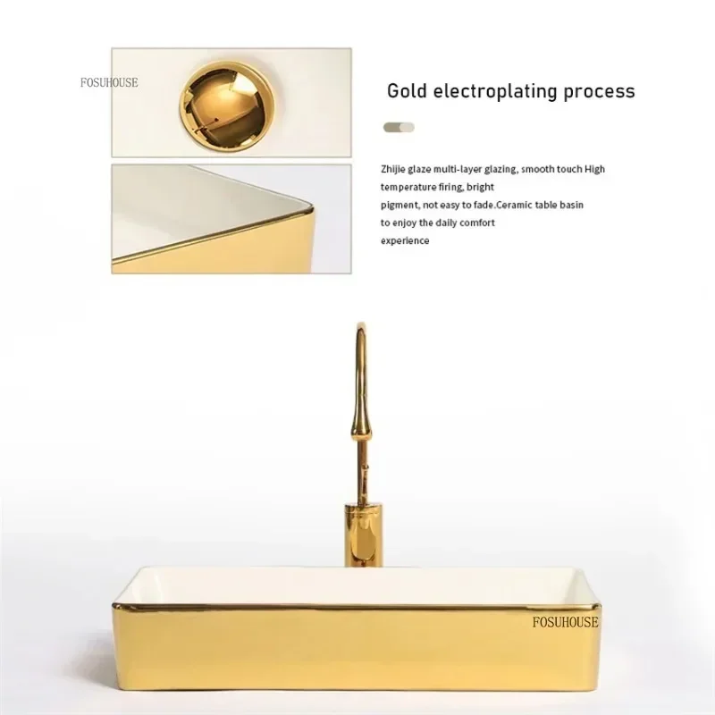 Luxury Gold Ceramic Tabletop Bathroom Sinks Home Hotel European Minimalist Household Washbasin Square Bathroom Wash Basins d 5