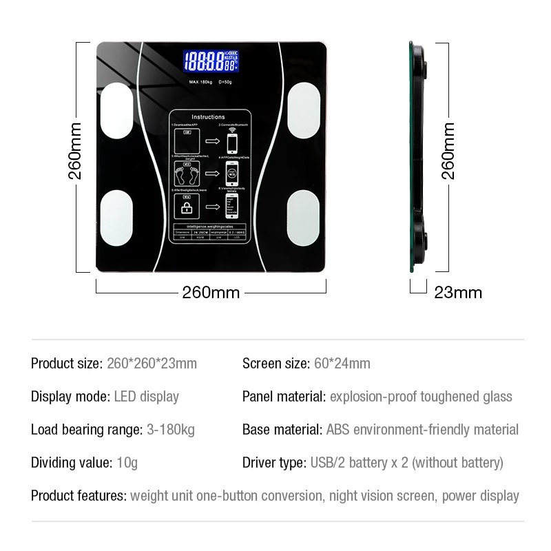 Body Fat Scale Smart Wireless Digital Bathroom Weight Scale Body Composition Analyzer With Smartphone App Bluetooth GUANYAO