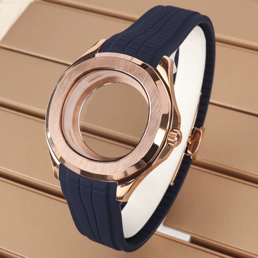 Silver Square Watch Case with Black and Blue Rubber Strap & Sapphire Crystal