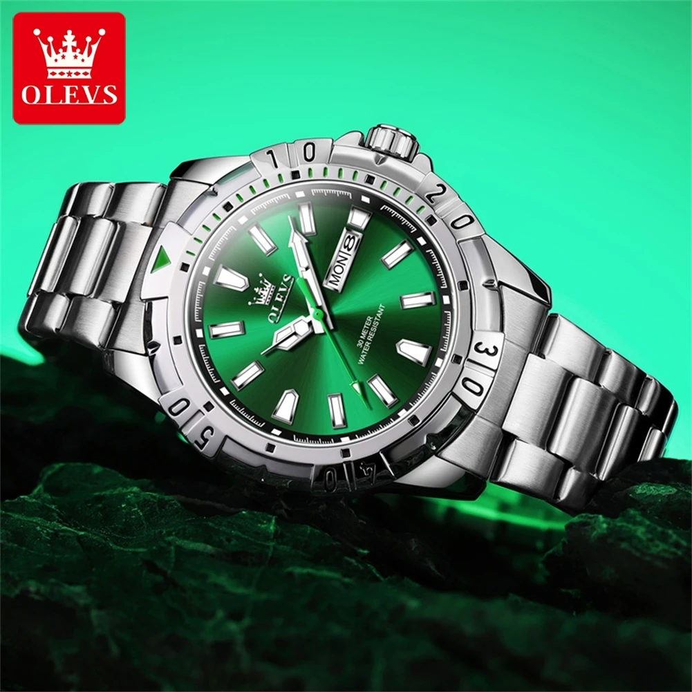 OLEVS Mens Watches Top Brand Luxury Stainless Steel Fashion Green  Quartz Watch for Men Waterproof Luminous Wristwatches Male
