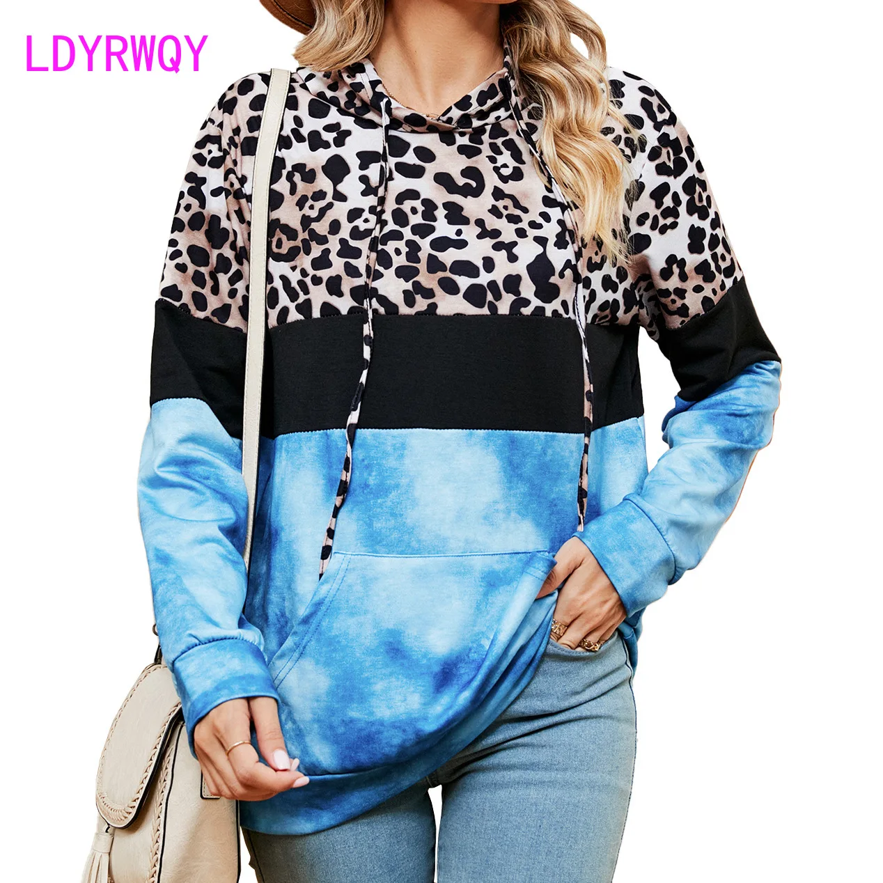 2023 Autumn/Winter New Leopard Pattern Contrast Panel Tie Dyed Pocket Long Sleeve Sweater for Women