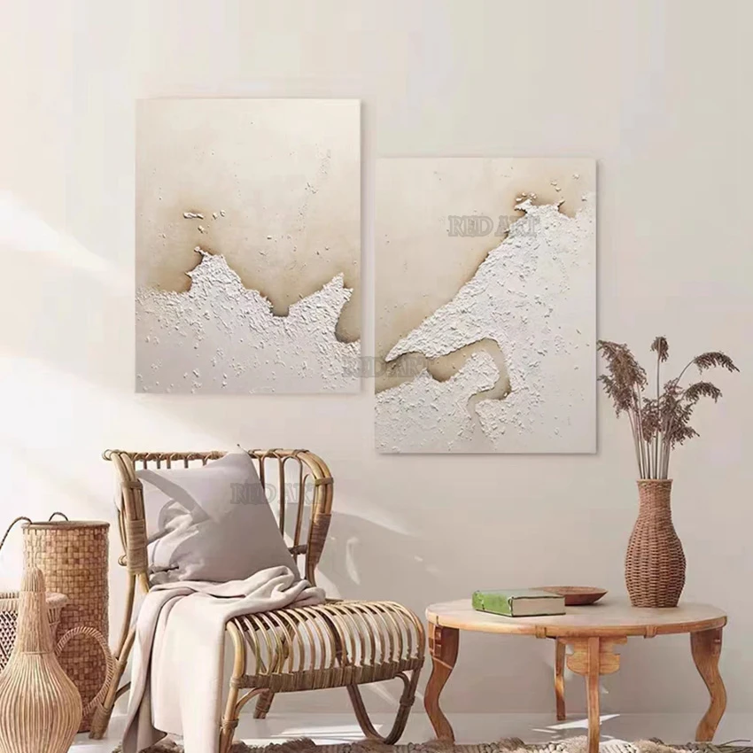 

New Abstract Design 2 Pieces Group Thick White And Gold Oil Painting Large Wall Panels Art Unframed Hotel Decorative Item