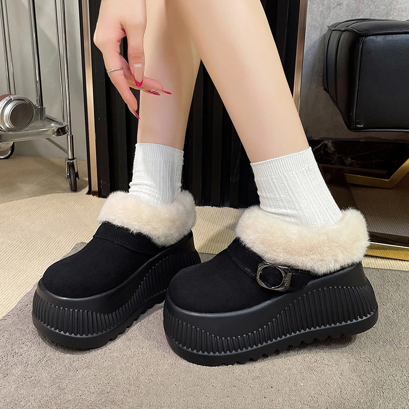 Aphixta Cow Suede Upper Ankle Boots Platform Furry Snow Boots Warm Buckle Dec Women Shoes 9cm High Chunky Casual Shoes