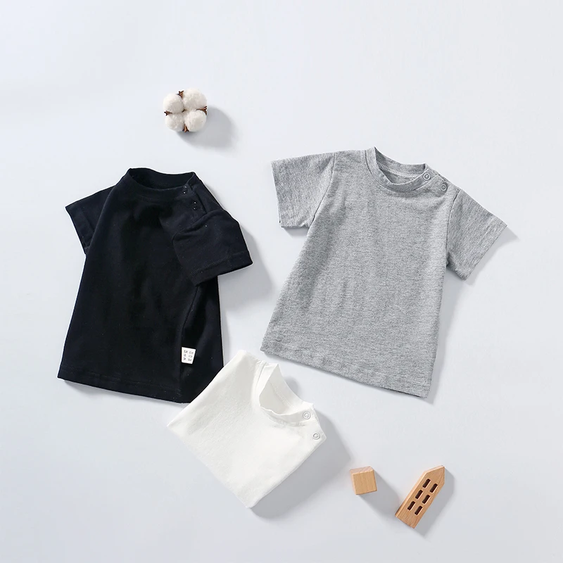 Summer Baby Boy Girl Tees Round Neck Shoulder Button Short-Sleeved T-Shirt Cotton Tops Solid Color Bottoming Shirt 0-24 Months