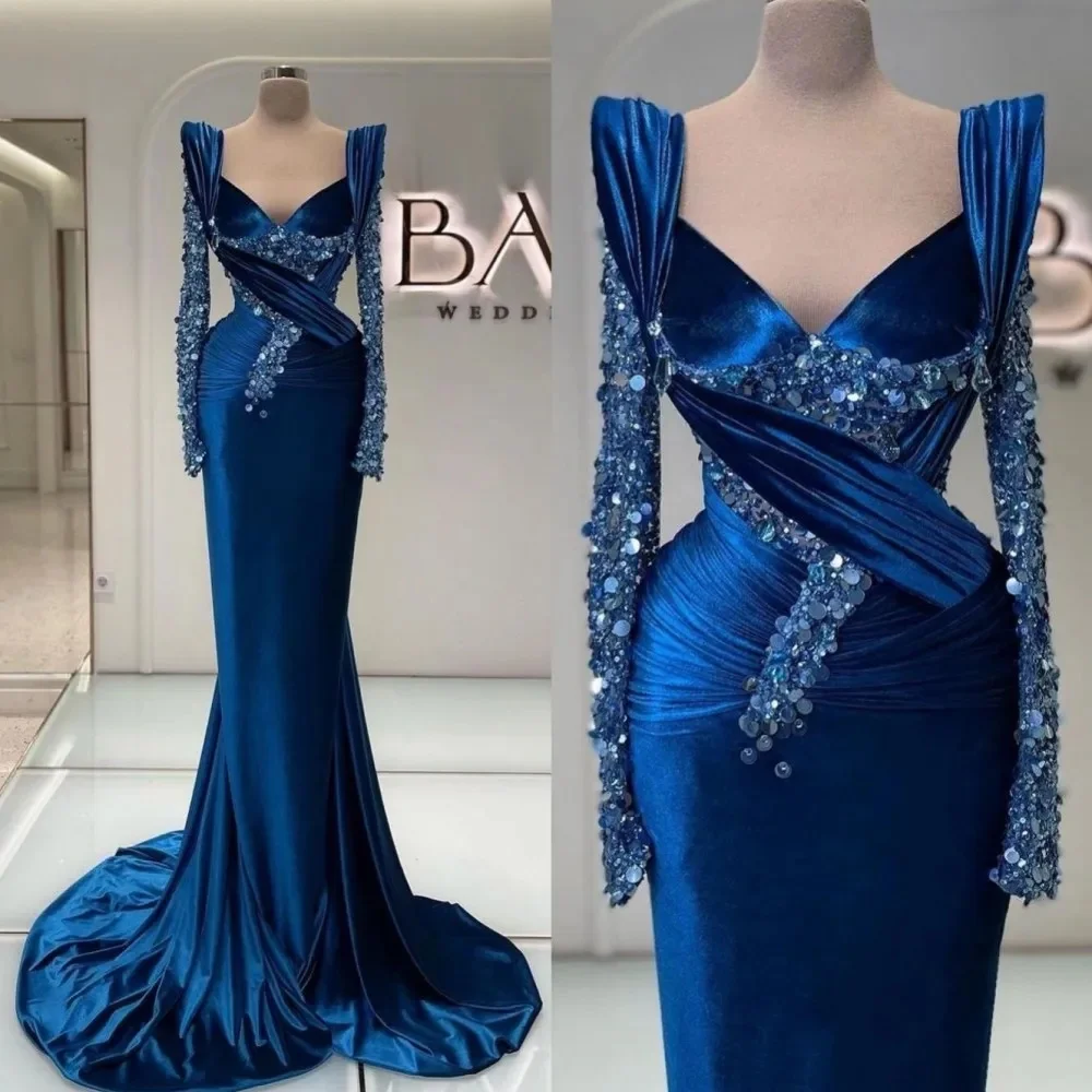 

Gorgeous Sequin Velour Mermaid Evening Dress Long Sleeves Slim Prom dress V-Neck Pleat Sweep Train New Formal Dress فساتين طويلة