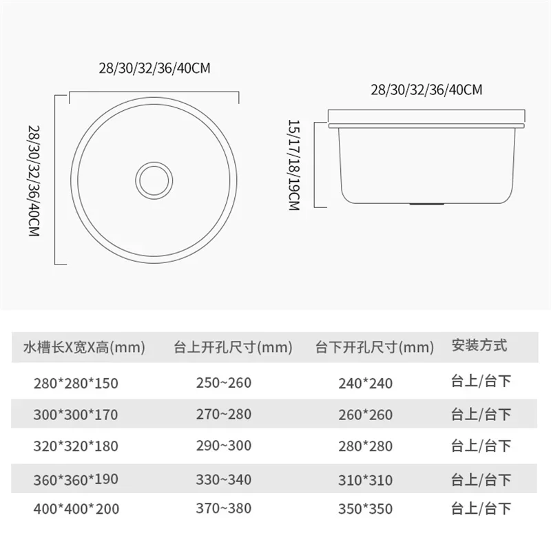 Nano Kitchen Sink Round Single-slot 304 Stainless Steel Sink Bar Balcony Washbasin Under-counter Basin Kitchen Accessories y