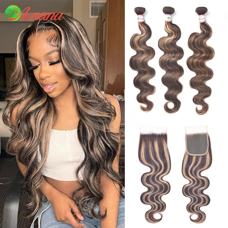 

Highlights Honey Blonde Brown with Black Colored Hair Bundles With 5x5 Closure Brazilian Remy 100% Human Hair Body Wave Bundles