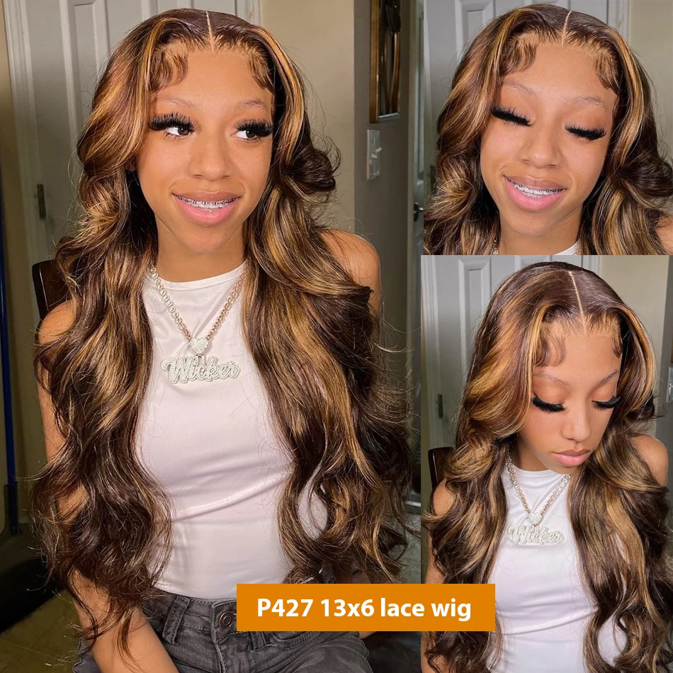 Highlight Body Wave Wig Human Hair 13X6 Hd Lace Frontal Wig P427 1B30 Black Brown Blonde 13X4 Front Ombre Colored Wig 30 36 Inch