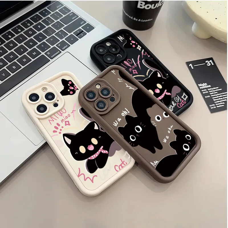 Adorable Black Cat Couple Silicone Soft Phone Case - Y2K Cartoon Design