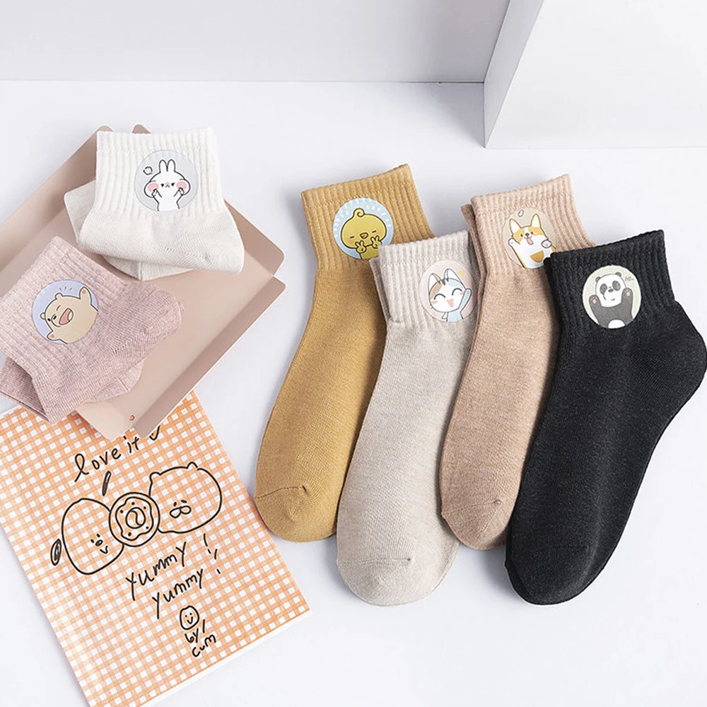 Cartoon Cute Women Socks 4Pairs Lovely Kawaii Animal Funny Solid Color Sweet Harajuku Cotton Fashion Ins Casual Ankle Socks Gift