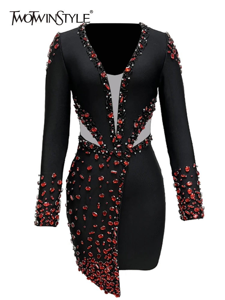 

TWOTWINSTYLE Solid Patchwork Diamonds Slimming Sexy Dresses For Women Round Neck Long Sleeve High Waist Bodycon Dress Female New