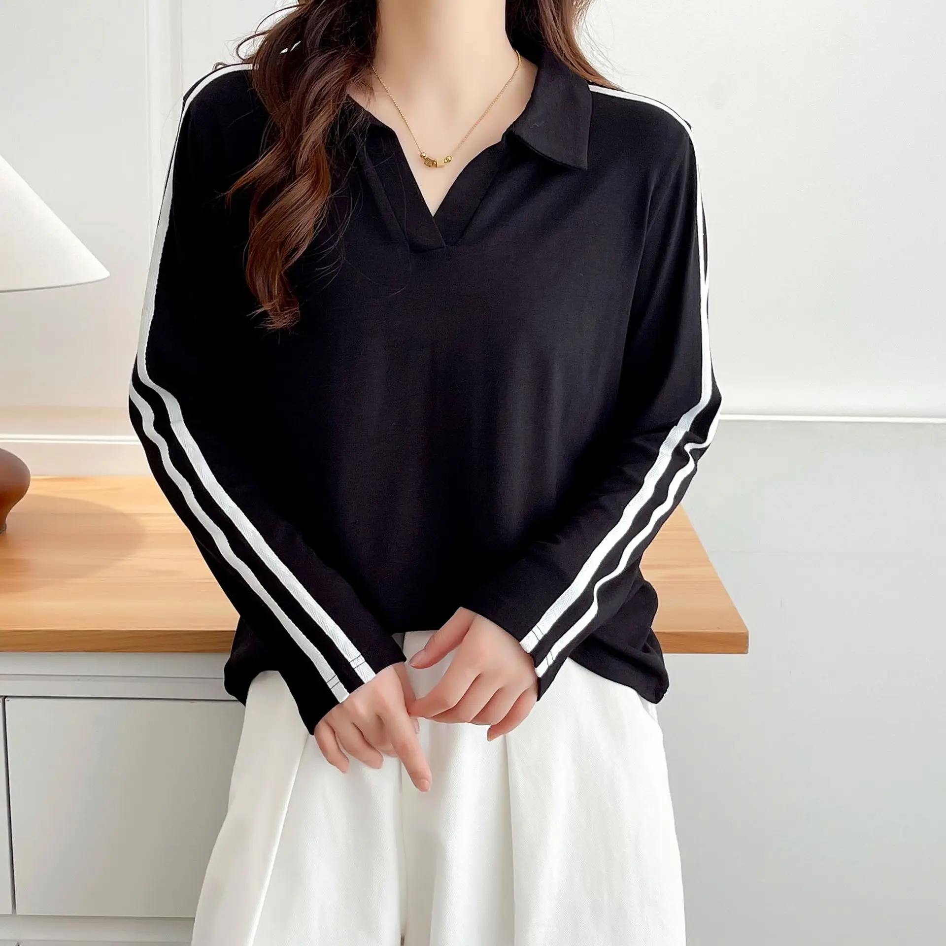 Plus Size Women's T-Shirt 2025 Autumn New Simple Sporty Lapel Double-striped long-sleeved Tops 681