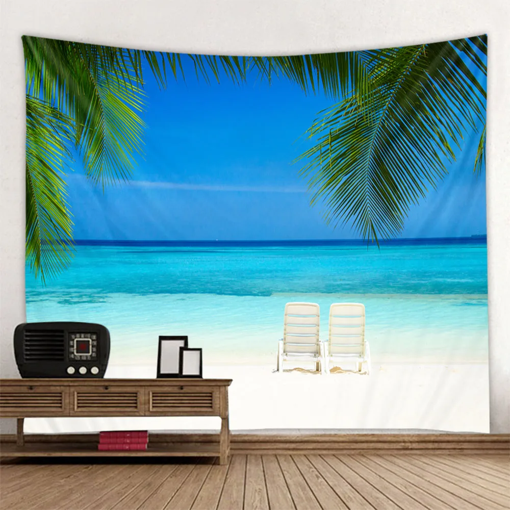 

Beautiful seaside blue sky landscape tapestry art decoration, polyester wall hanging fabric, wave themed home wall decoration