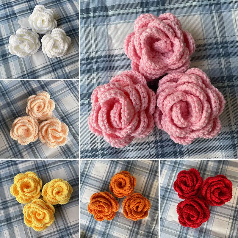 7 Colors Knit Rose Flower Head Leaf Creative Hand woven Bouquet Clothes