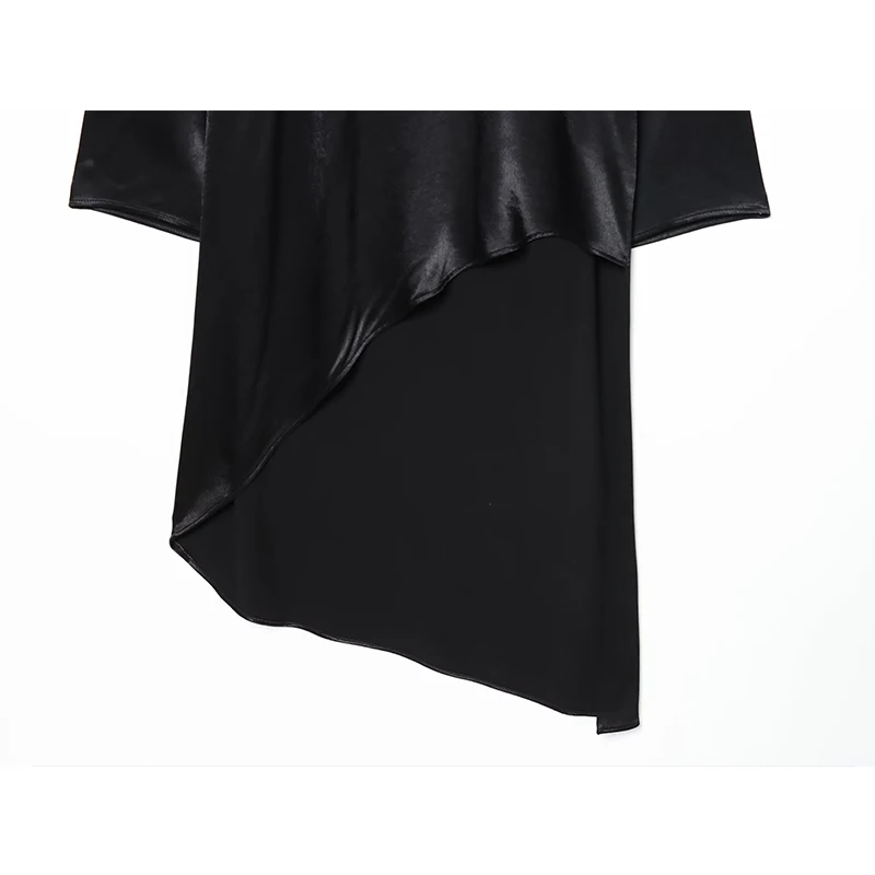 Asymmetry Black Satin Elegant Long Blouse Woman 2025 Women's Irregular Loose Stand Neck Long Sleeve Shirts And Blouses Top ﻿