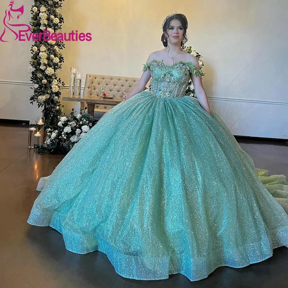 

Блестящее Тюлевое милое платье 16, бальное платье Quinceanera, вышитые вышивкой, с открытыми плечами, Платья 15 16 лет quinceañeras