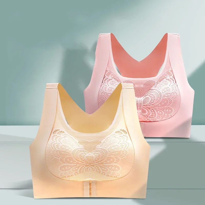 Seamless Lace Sport Bra Top Support Underwear No Steel Ring Comfortable Large Size Bra Front Buckle Vest Bralette 1pcs