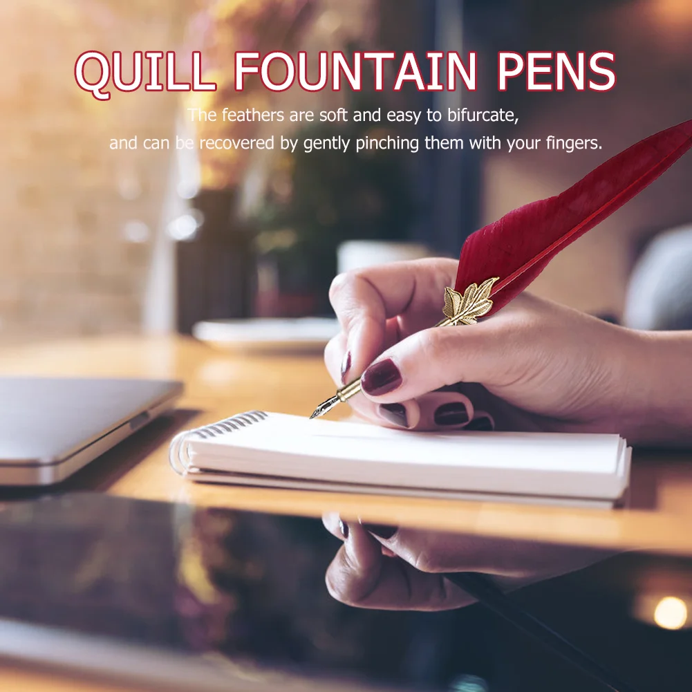 Vintage Feather Fountain Pens Copper Penholder with 5 Nibs Antique Calligraphy Pen Replaceable Soft for Christmas Birthday Gift