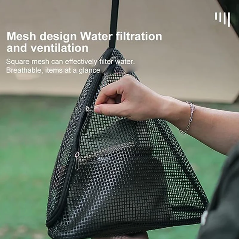 Portable dry mesh bag with hook outdoor camping home picnic folding triangle hanging storage bag PVC breathable mesh basket