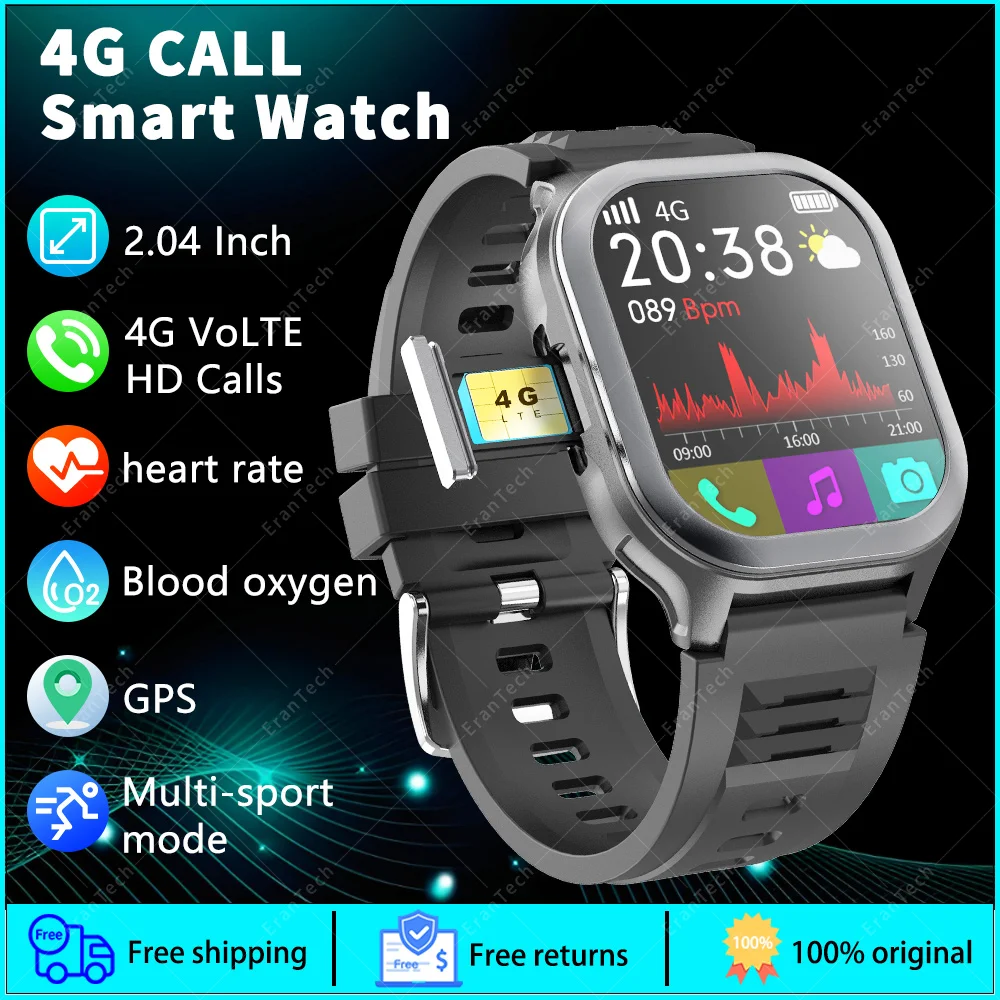 남녀공용 HD 스크린 스마트 워치, GPS 야외 메시지 알림, 피트니스 트래커 스마트워치, 지지대 SIM 카드, 4G 통화, 2.04 인치