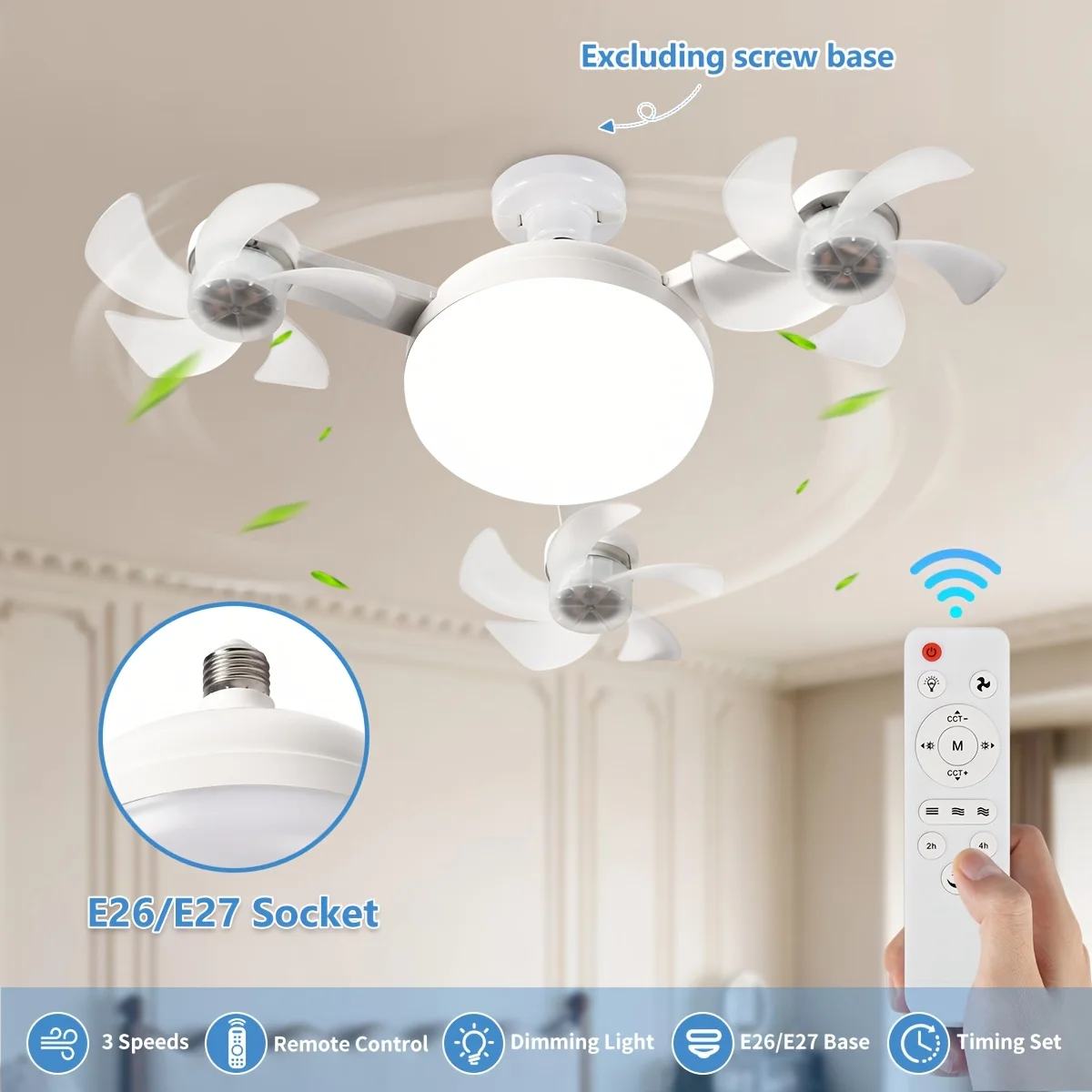 2 in 1 LED Smart Ceiling Fan Light with 3 Heads,E27/E26 Base Remote ...