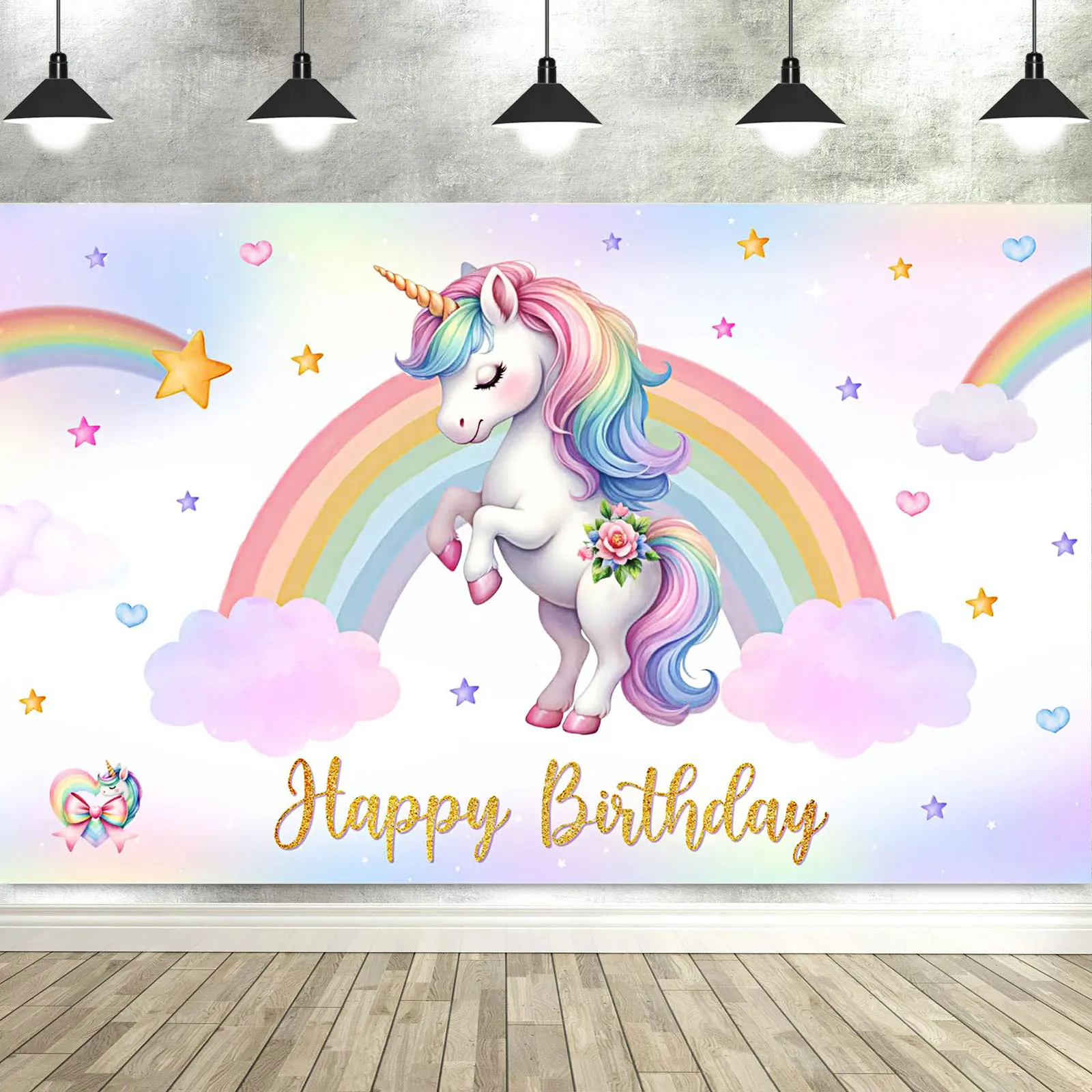 Unicorn Birthday Decorations Backdrop Girls Birthday Party Rainbow Glitter Stars Dots Happy Banner Photo Booth Prop