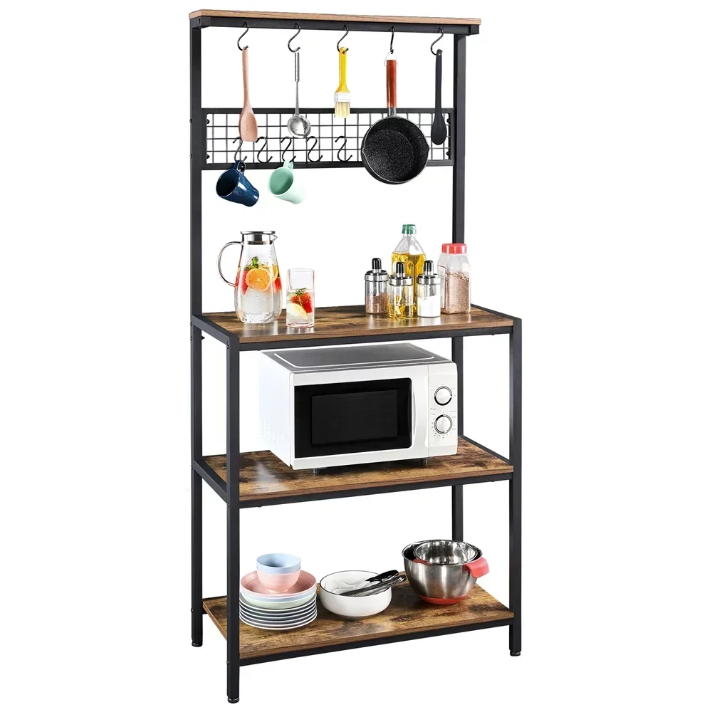 

KAZHAN Kitchen Organizer 67" Wooden Kitchen Bakers Rack With 4 Storage Shelves & 10 Hooks, Rustic Brown